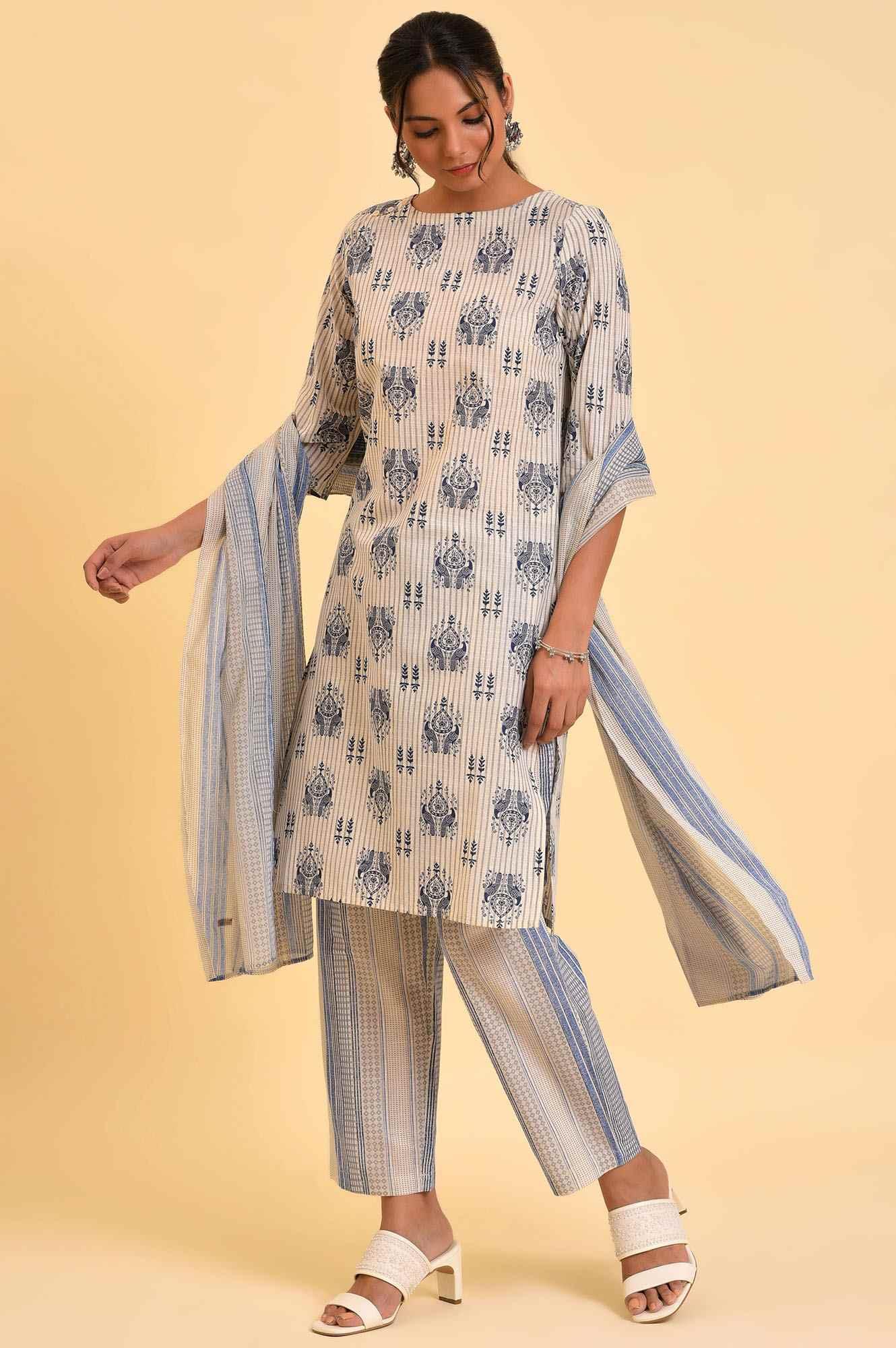 Ecru Bird Printed kurta, Straight Pants And Dupatta Set - wforwoman