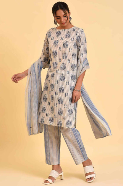 Ecru Bird Printed kurta, Straight Pants And Dupatta Set - wforwoman