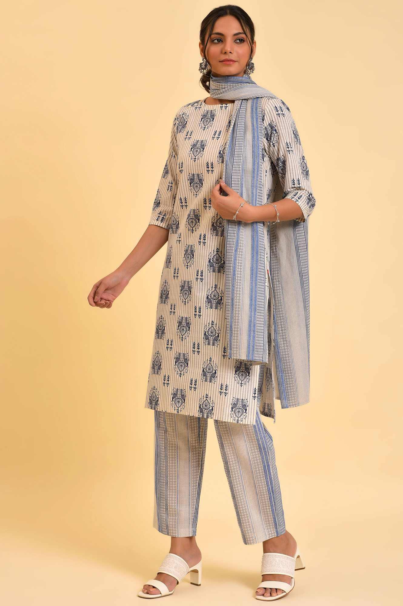 Ecru Bird Printed kurta, Straight Pants And Dupatta Set - wforwoman