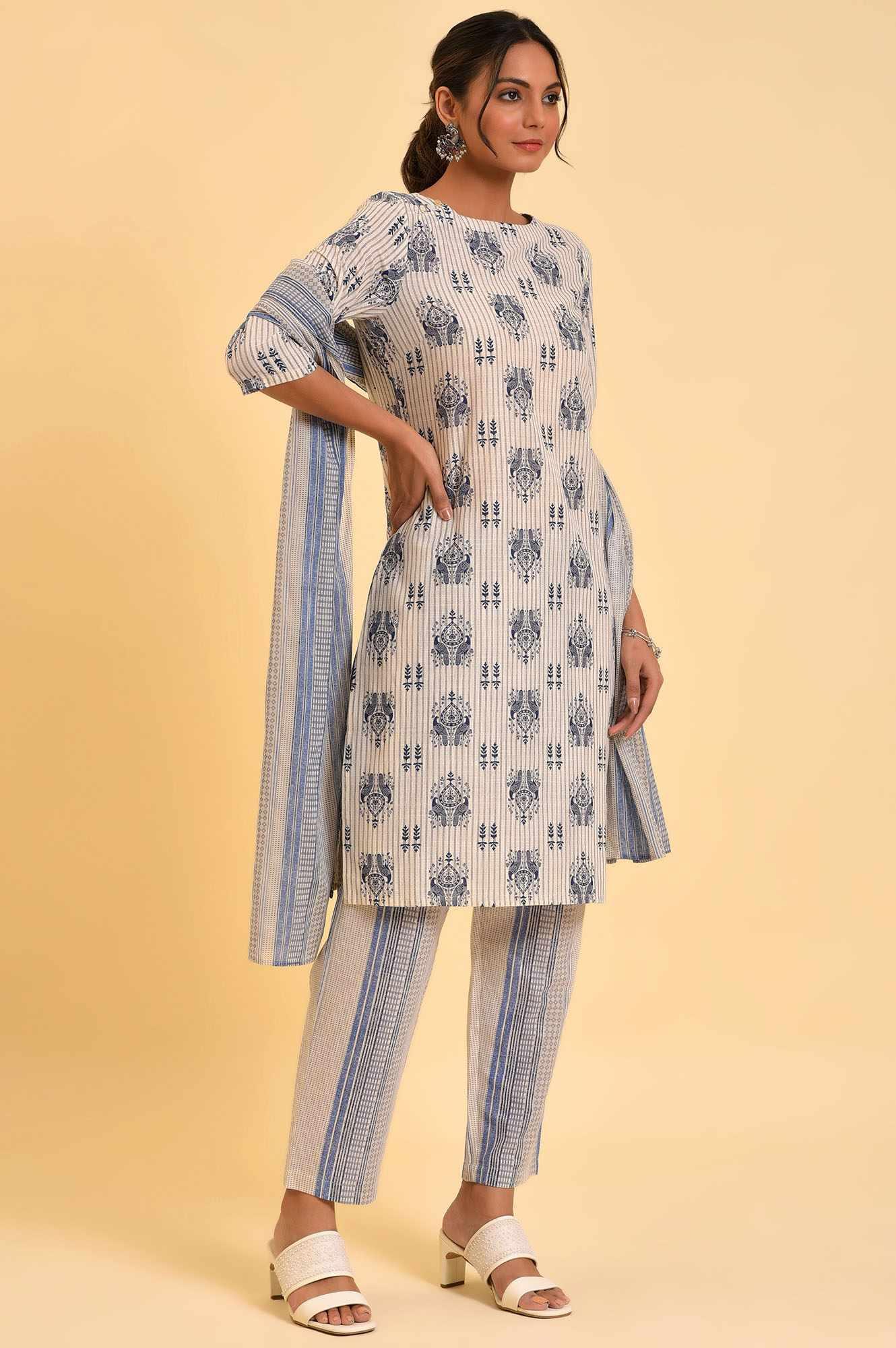 Ecru Bird Printed kurta, Straight Pants And Dupatta Set - wforwoman