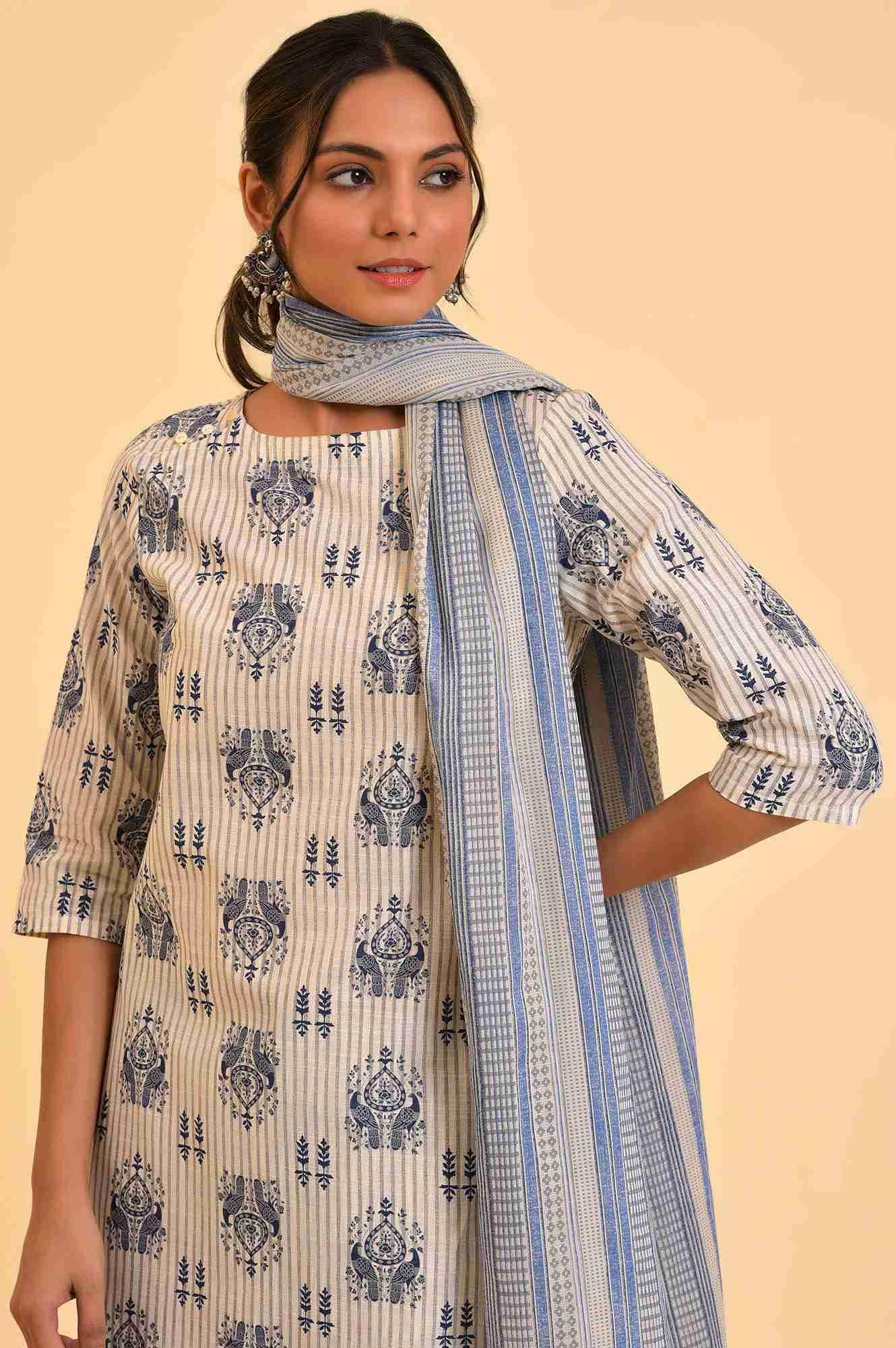 Ecru Bird Printed kurta, Straight Pants And Dupatta Set - wforwoman