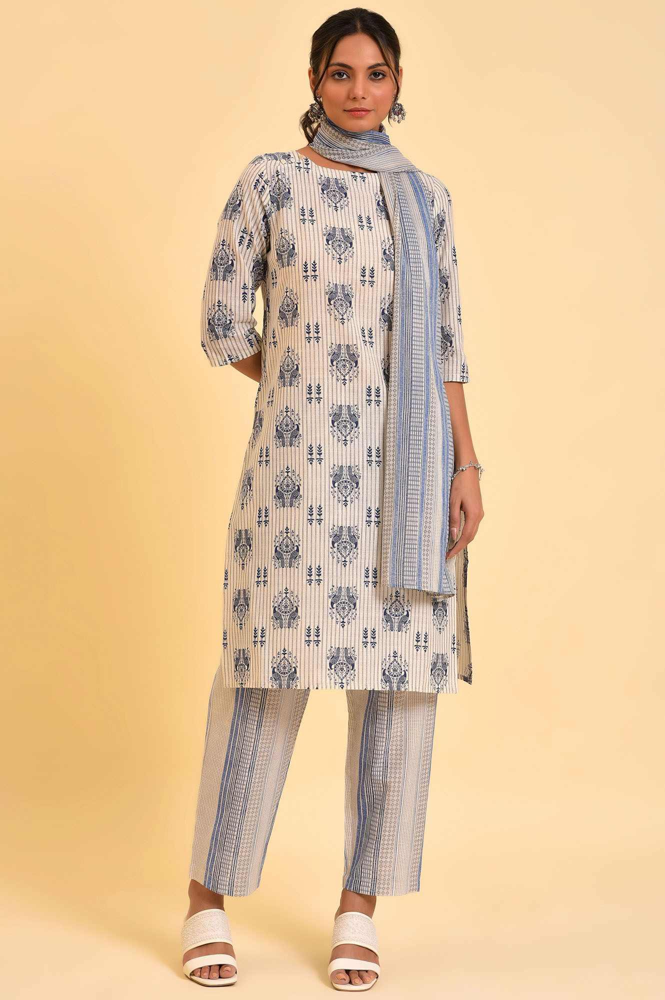 Ecru Bird Printed kurta, Straight Pants And Dupatta Set - wforwoman