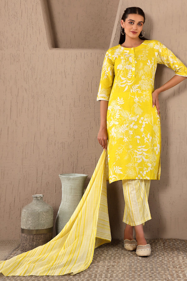 Yellow Floral Printed Pure Cotton Lace Kurta and Pants Set with Dupatta