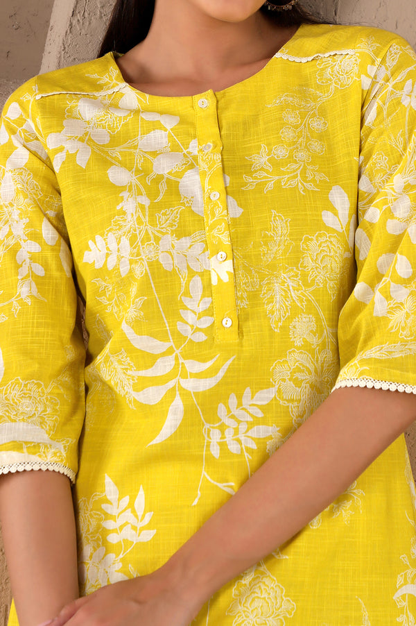 Yellow Floral Printed Pure Cotton Lace Kurta and Pants Set with Dupatta