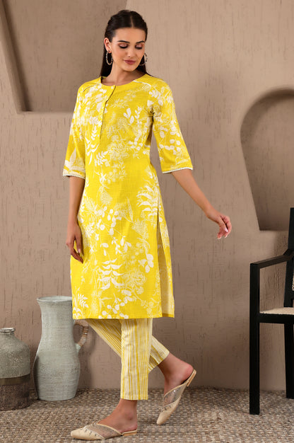 Yellow Floral Printed With Lace Pure Cotton Straight Kurta and Pants Set with Stripe Printed Dupatta