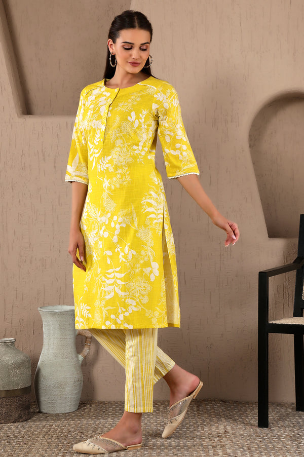 Yellow Floral Printed Pure Cotton Lace Kurta and Pants Set with Dupatta