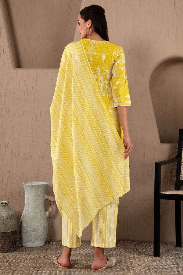 Yellow Floral Printed Pure Cotton Lace Kurta and Pants Set with Dupatta
