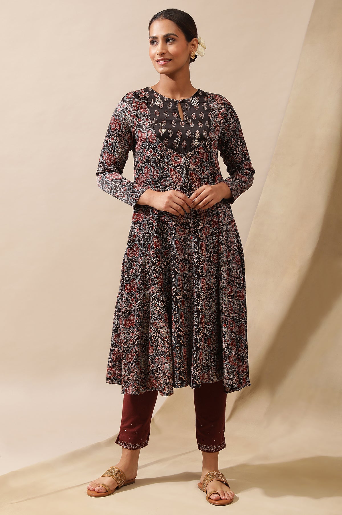 Dark Brown Ajrakh Printed Kalidar Kurta - XS