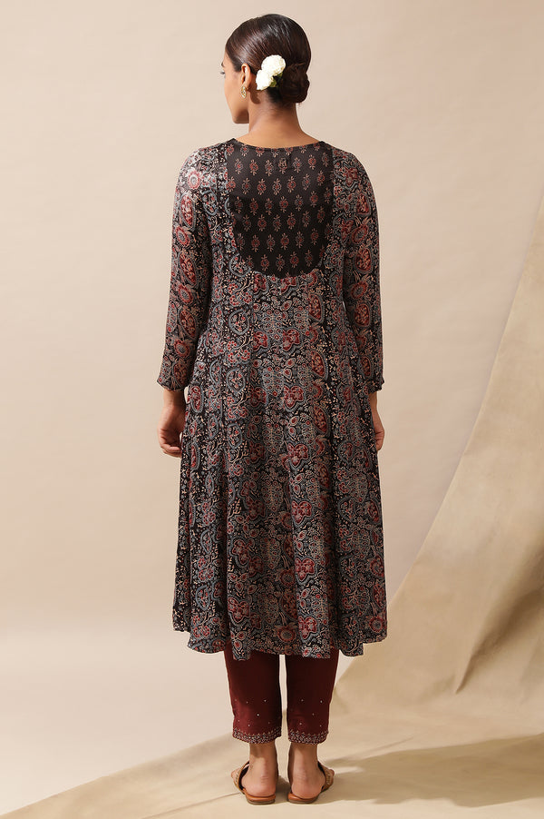 Dark Brown Ajrakh Printed Kalidar Kurta