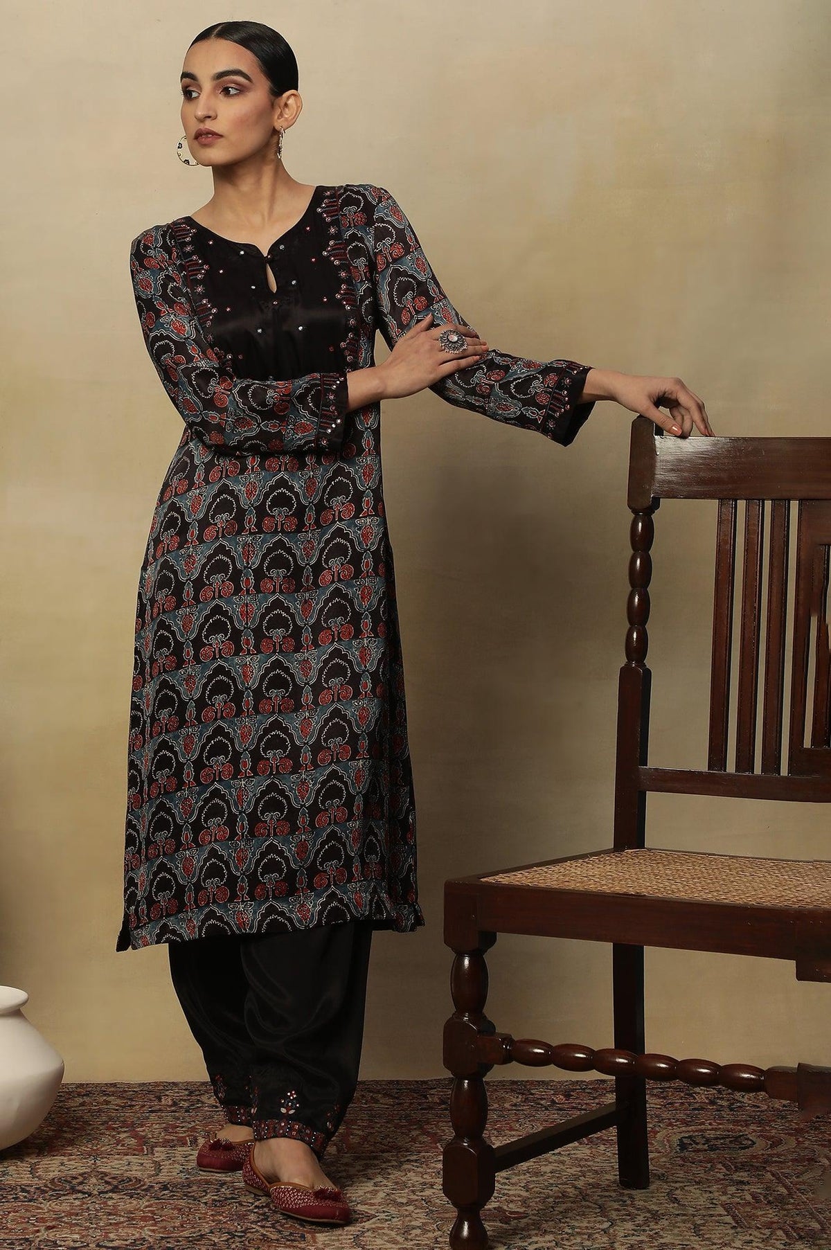 Dark Brown Ajrakh Printed Kurta In Lustrous Satin - XS