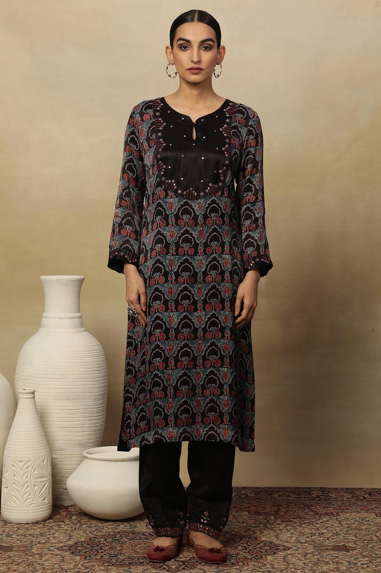 Dark Brown Ajrakh Printed Kurta In Lustrous Satin - wforwoman