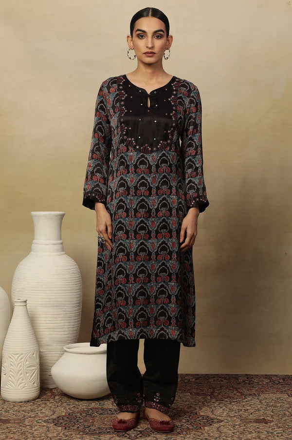 Dark Brown Ajrakh Printed Kurta In Lustrous Satin