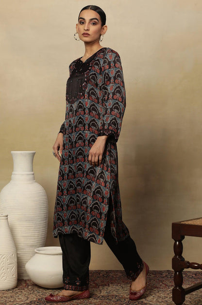 Dark Brown Ajrakh Printed Kurta In Lustrous Satin - wforwoman