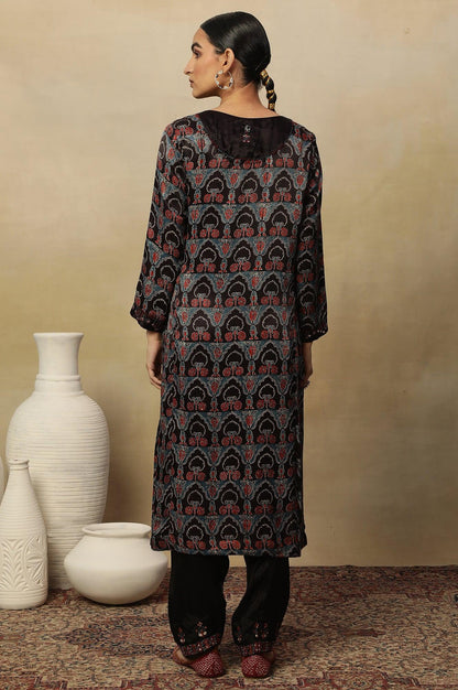 Dark Brown Ajrakh Printed Kurta In Lustrous Satin - wforwoman