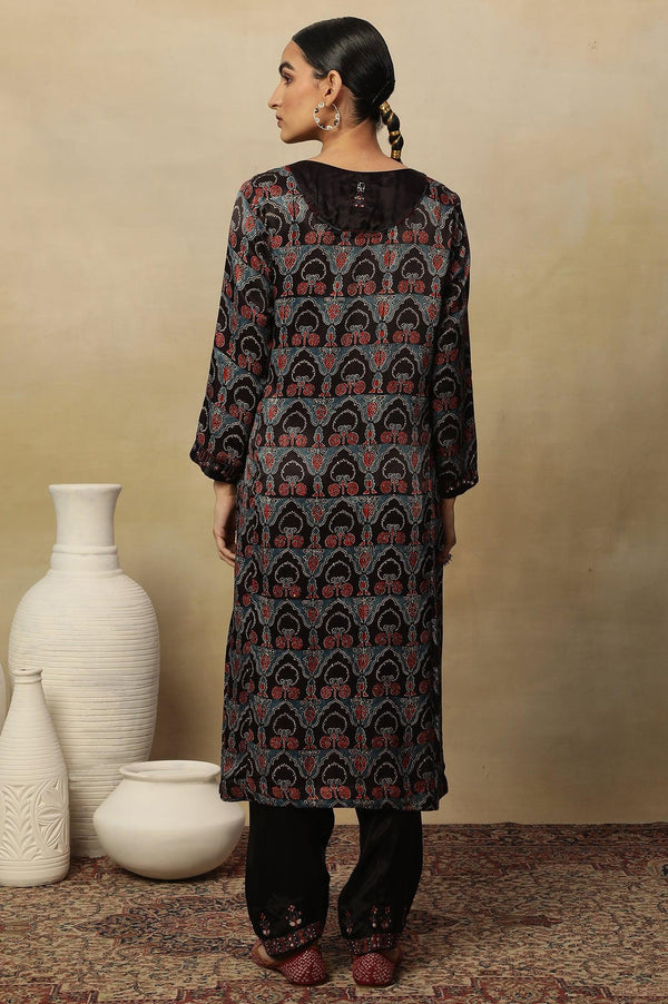 Dark Brown Ajrakh Printed Kurta In Lustrous Satin