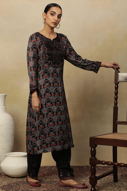 Dark Brown Ajrakh Printed Kurta In Lustrous Satin - wforwoman