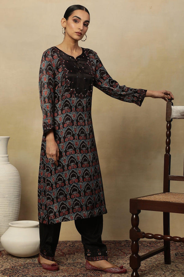 Dark Brown Ajrakh Printed Kurta In Lustrous Satin