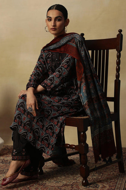 Dark Brown Ajrakh Printed Kurta In Lustrous Satin - wforwoman
