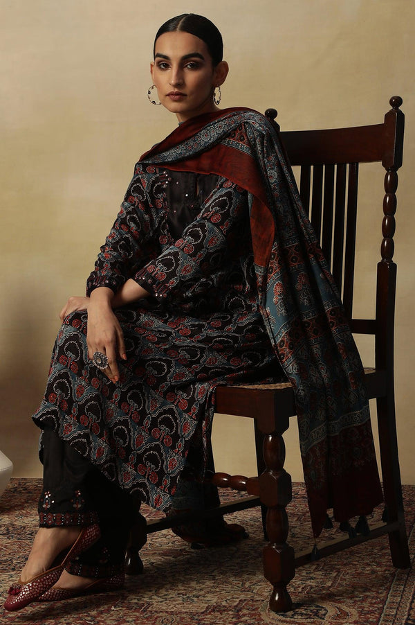 Dark Brown Ajrakh Printed Kurta In Lustrous Satin