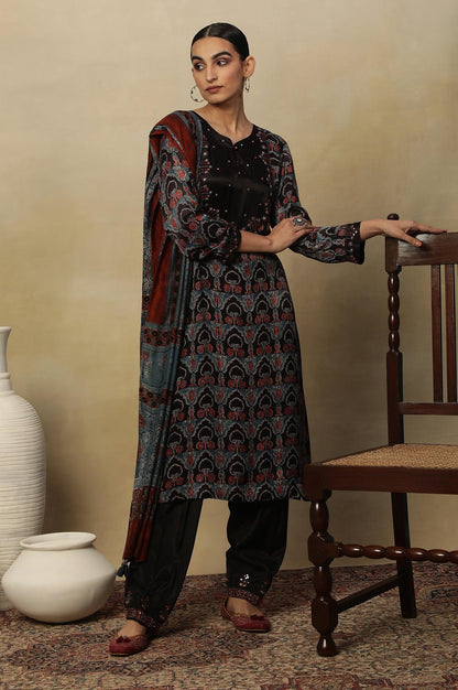 Dark Brown Ajrakh Printed Kurta In Lustrous Satin - wforwoman