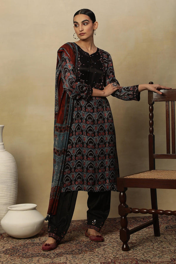 Dark Brown Ajrakh Printed Kurta In Lustrous Satin