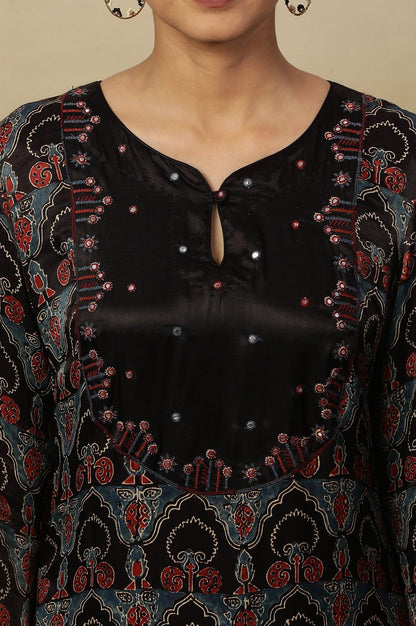Dark Brown Ajrakh Printed Kurta In Lustrous Satin - wforwoman