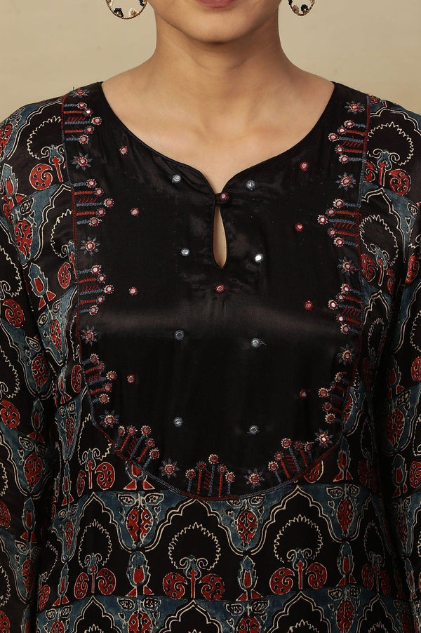 Dark Brown Ajrakh Printed Kurta In Lustrous Satin
