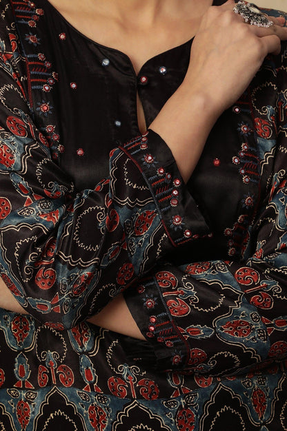 Dark Brown Ajrakh Printed Kurta In Lustrous Satin - wforwoman
