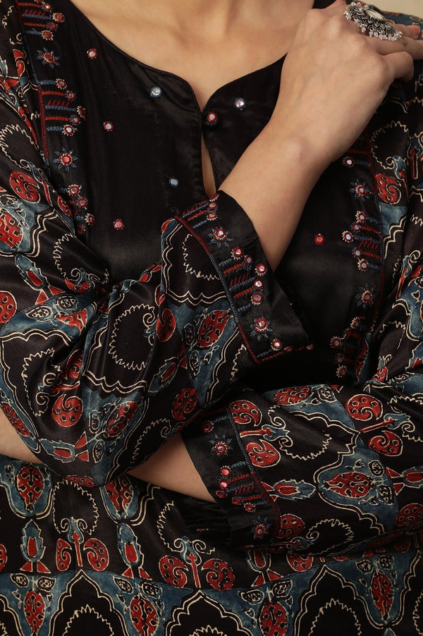 Dark Brown Ajrakh Printed Kurta In Lustrous Satin