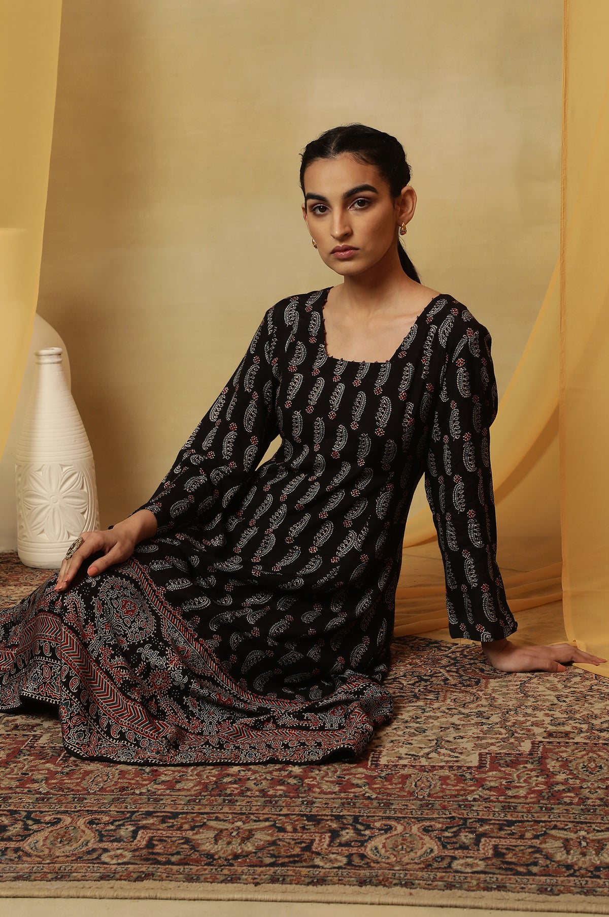 Dark Brown Ajrakh Printed Kalidar Kurta - XS