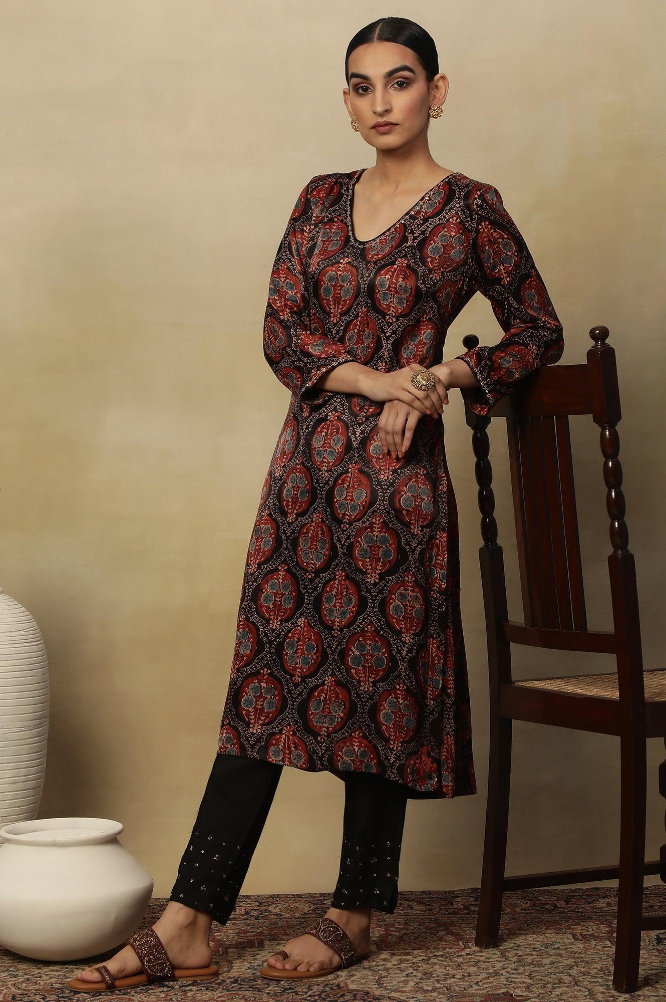 Dark Brown V-Neck Kurta Multi-Coloured Ajrakh Print - wforwoman