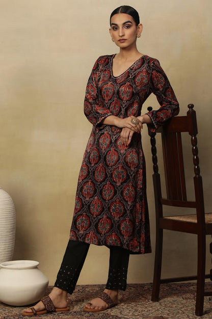Dark Brown V-Neck Kurta Multi-Coloured Ajrakh Print - wforwoman