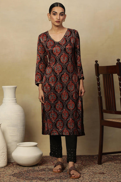 Dark Brown V-Neck Kurta Multi-Coloured Ajrakh Print - wforwoman