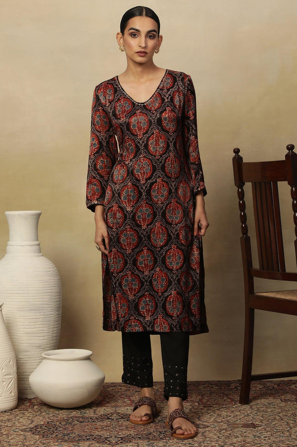 Dark Brown V-Neck Kurta Multi-Coloured Ajrakh Print