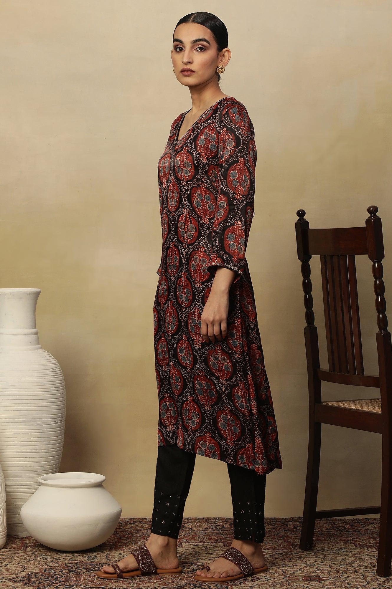 Dark Brown V-Neck Kurta Multi-Coloured Ajrakh Print - wforwoman