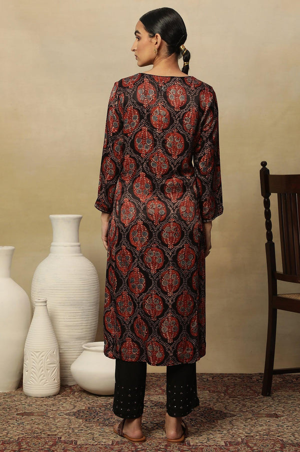 Dark Brown V-Neck Kurta Multi-Coloured Ajrakh Print