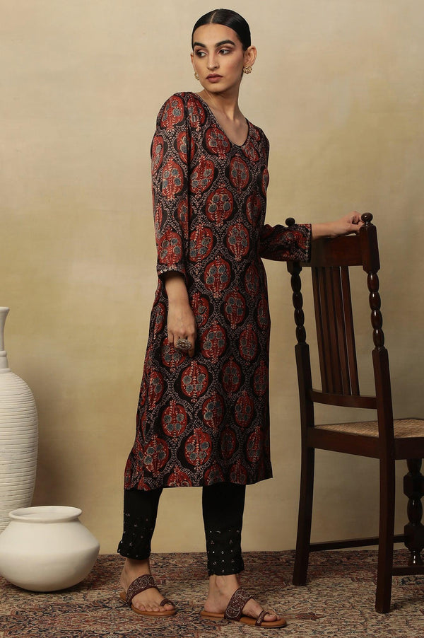 Dark Brown V-Neck Kurta Multi-Coloured Ajrakh Print