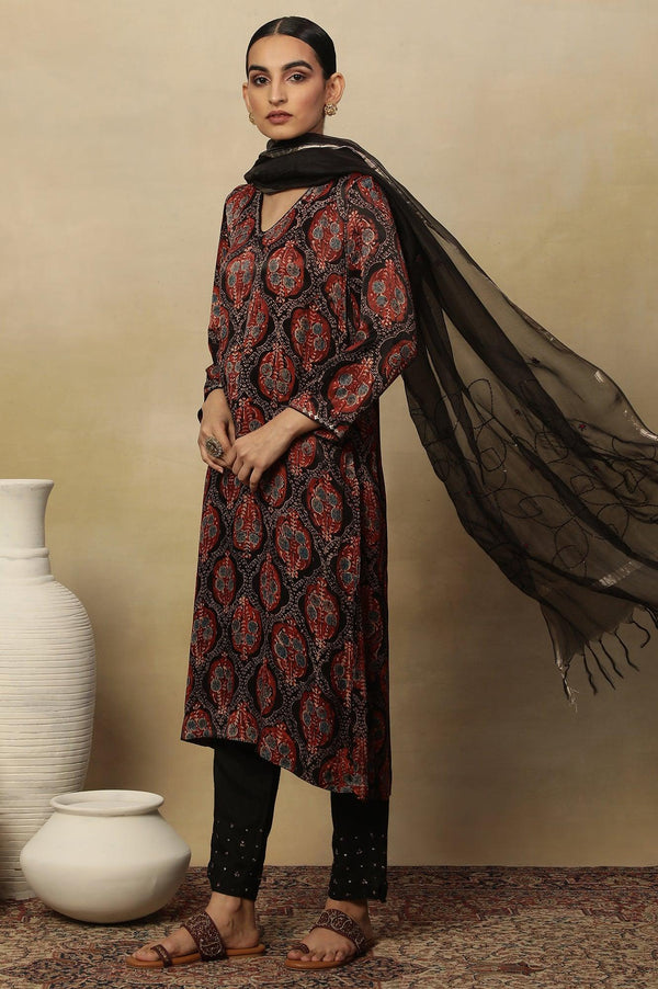 Dark Brown V-Neck Kurta Multi-Coloured Ajrakh Print