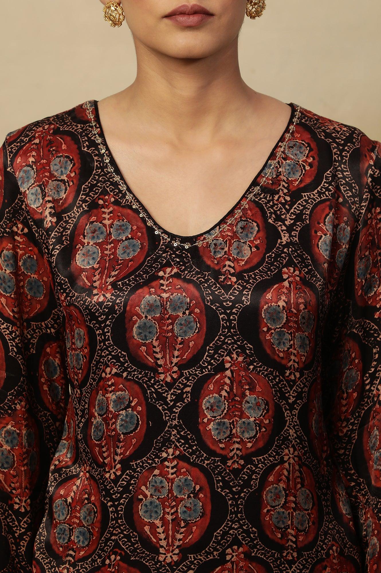 Dark Brown V-Neck Kurta Multi-Coloured Ajrakh Print - wforwoman