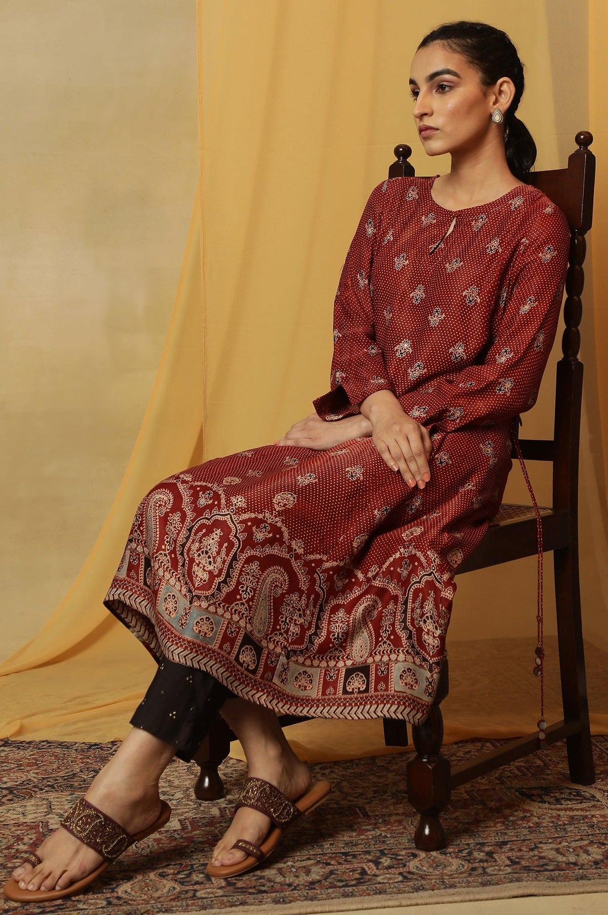 Brick Red Ajrakh Print Kurta In Lustrous Satin - XS