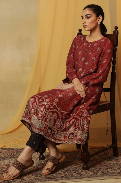 Brick Red Ajrakh Print Kurta In Lustrous Satin - wforwoman