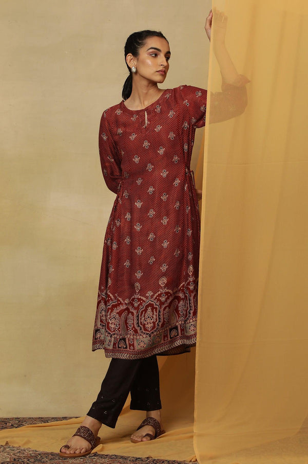 Brick Red Ajrakh Print Kurta In Lustrous Satin