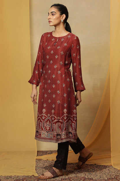 Brick Red Ajrakh Print Kurta In Lustrous Satin - wforwoman