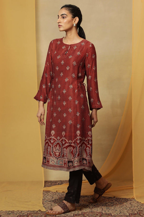 Brick Red Ajrakh Print Kurta In Lustrous Satin