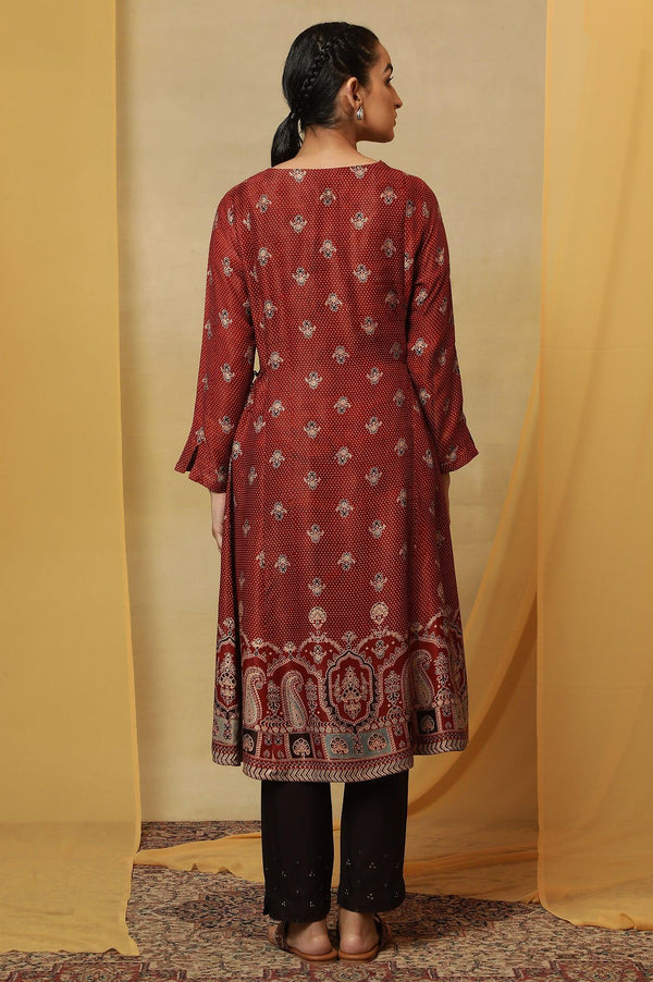Brick Red Ajrakh Print Kurta In Lustrous Satin