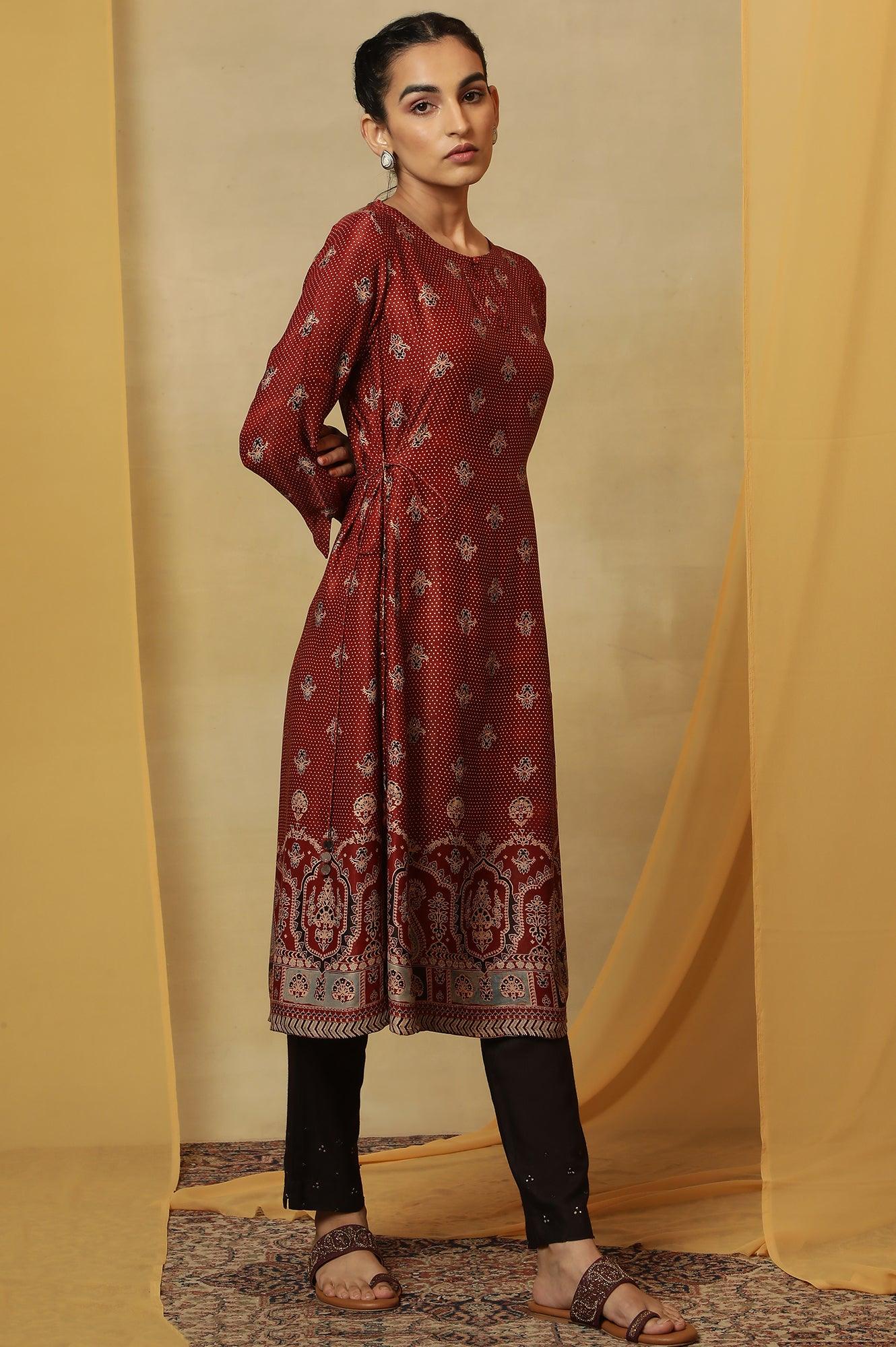 Brick Red Ajrakh Print Kurta In Lustrous Satin - wforwoman