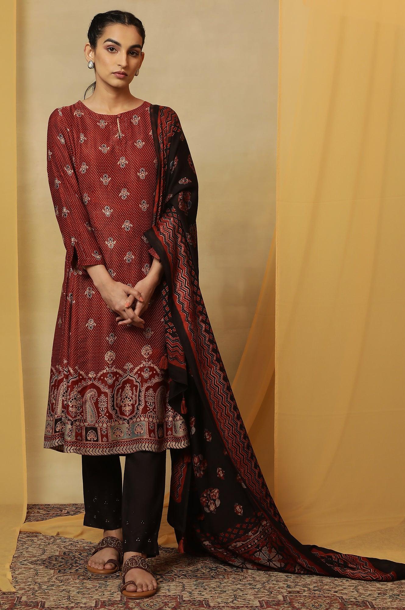 Brick Red Ajrakh Print Kurta In Lustrous Satin - wforwoman