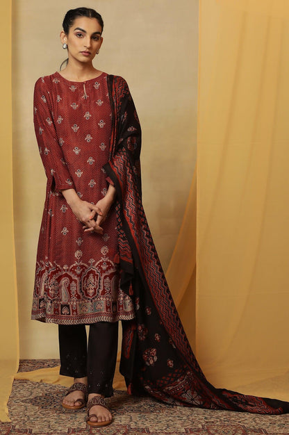 Brick Red Ajrakh Print Kurta In Lustrous Satin - wforwoman