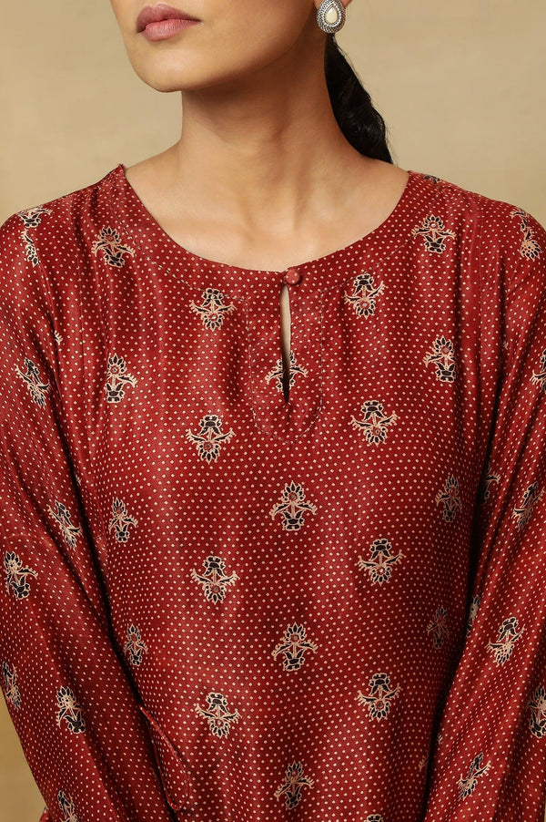 Brick Red Ajrakh Print Kurta In Lustrous Satin