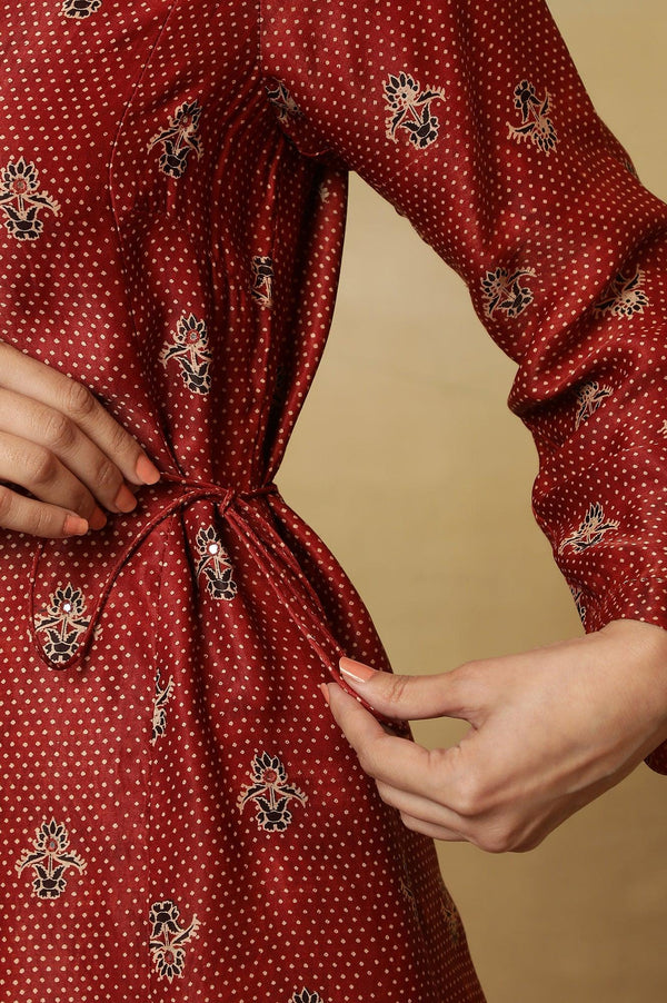 Brick Red Ajrakh Print Kurta In Lustrous Satin